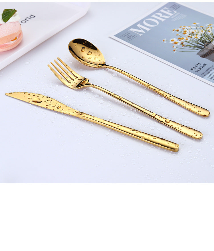 7-Piece 304 Stainless Steel Flatware Chopstick Spoon Straw Fork Knife Tableware Set W/Bag(Gold)
