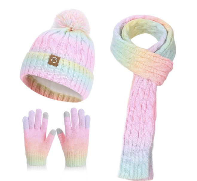 Children Cable Knit Beanie W/ Pom-pom Hat Scarf Gloves Set