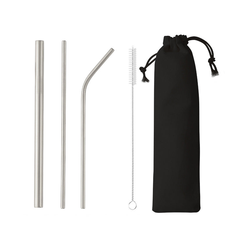 4-Piece 304 Stainless Steel Flatware Three Straws Brush Tableware Set W/Drawstring Bag(Silver)