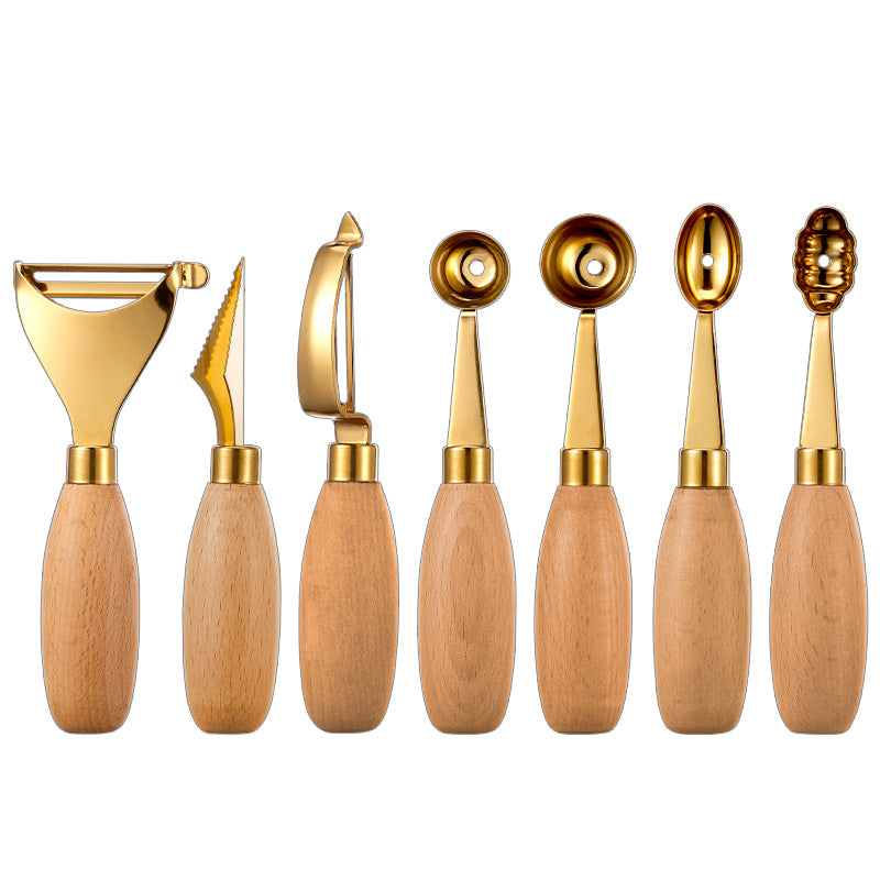 Oval Gold 304 Stainless Steel Fruit Scoop Watermelon Scoop Ice Cream Scoop With Wood Handle