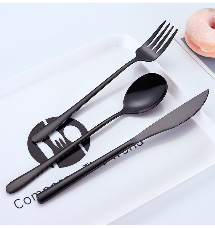 7-Piece 304 Stainless Steel Flatware Chopstick Spoon Straw Fork Knife Tableware Set W/Bag(Black)