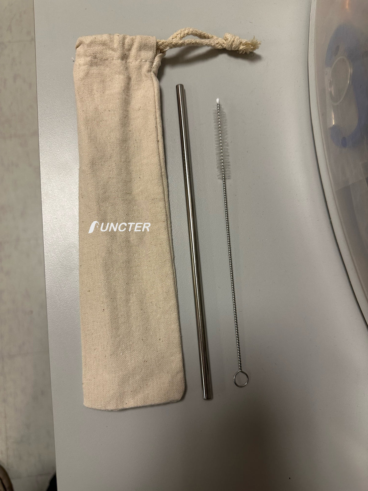 Stainless Steel Straight Straw In Drawstring Canvas Bag W/ Brush