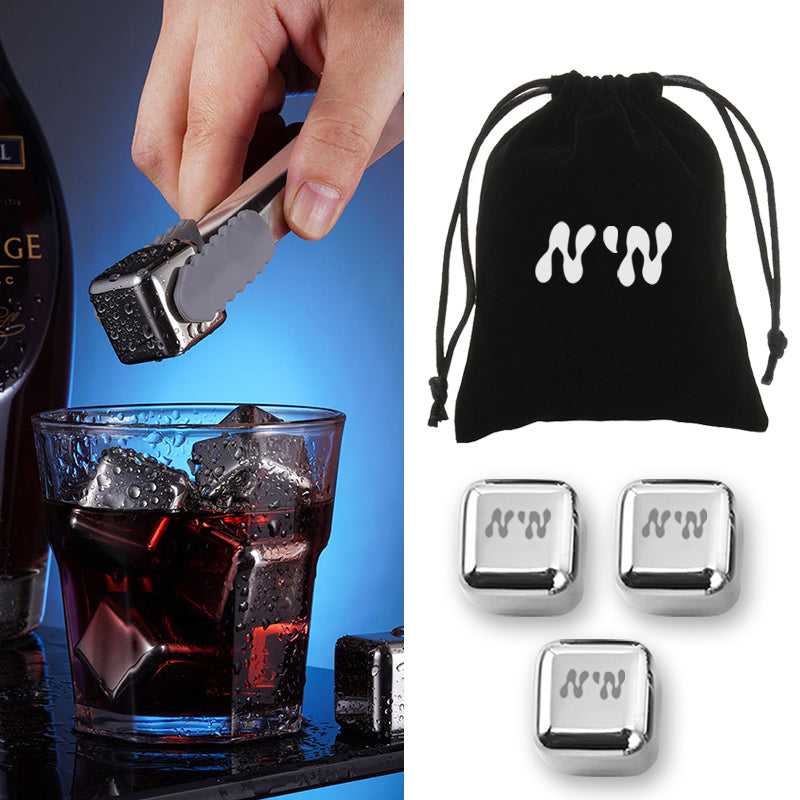 3 pcs Stainless Steel Wine Ice Cube W/ Velvet String Bag