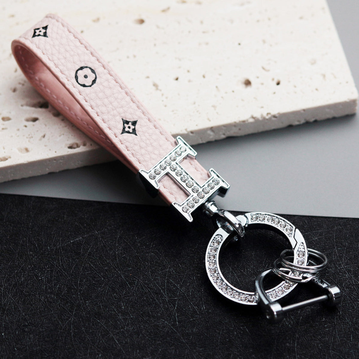 PU leather cord keychain With diamond Ring