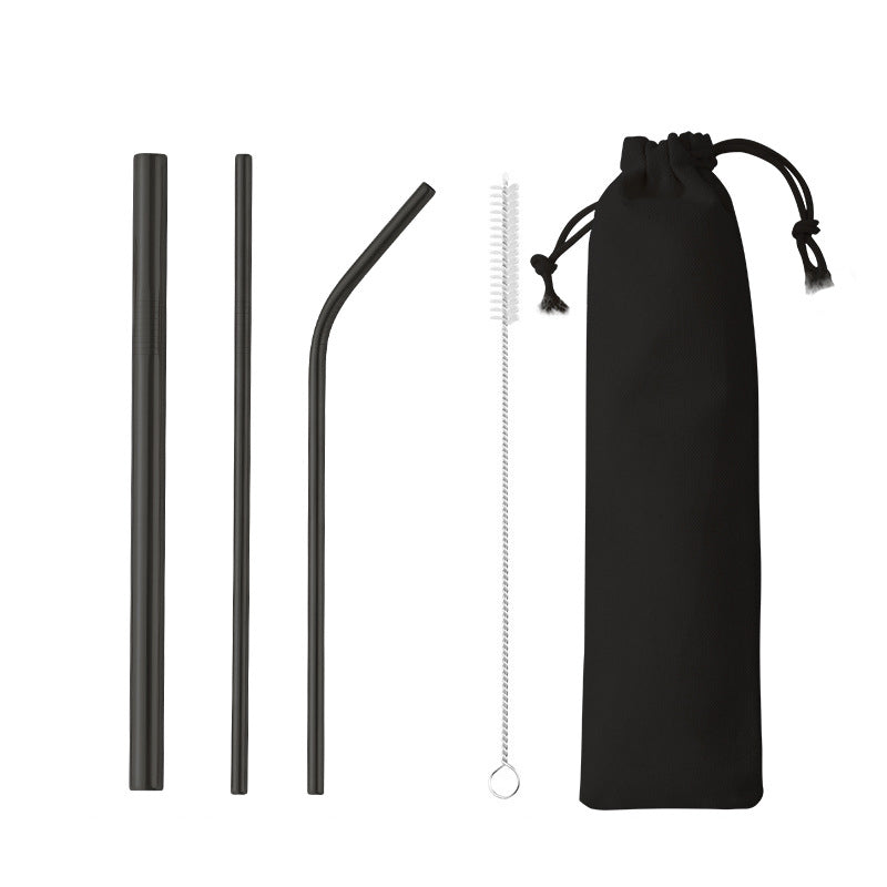 4-Piece 304 Stainless Steel Flatware Three Straws Brush Tableware Set W/Drawstring Bag(Black)