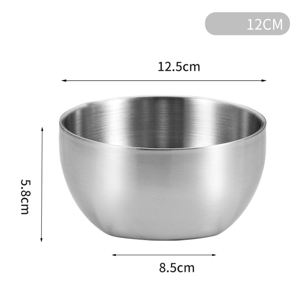 Silver 304 Stainless Steel Rice Round Bowl Heat-Resistant Soup Bowl Kimchi Double-Layer Bowl 125 mm