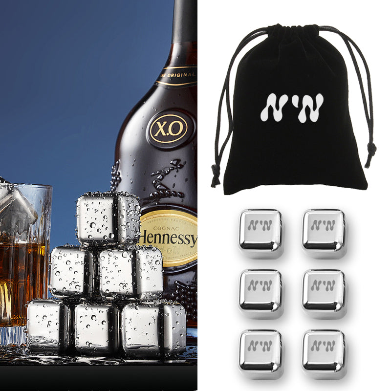 6 pcs Stainless Steel Wine Ice Cube W/ Velvet String Bag