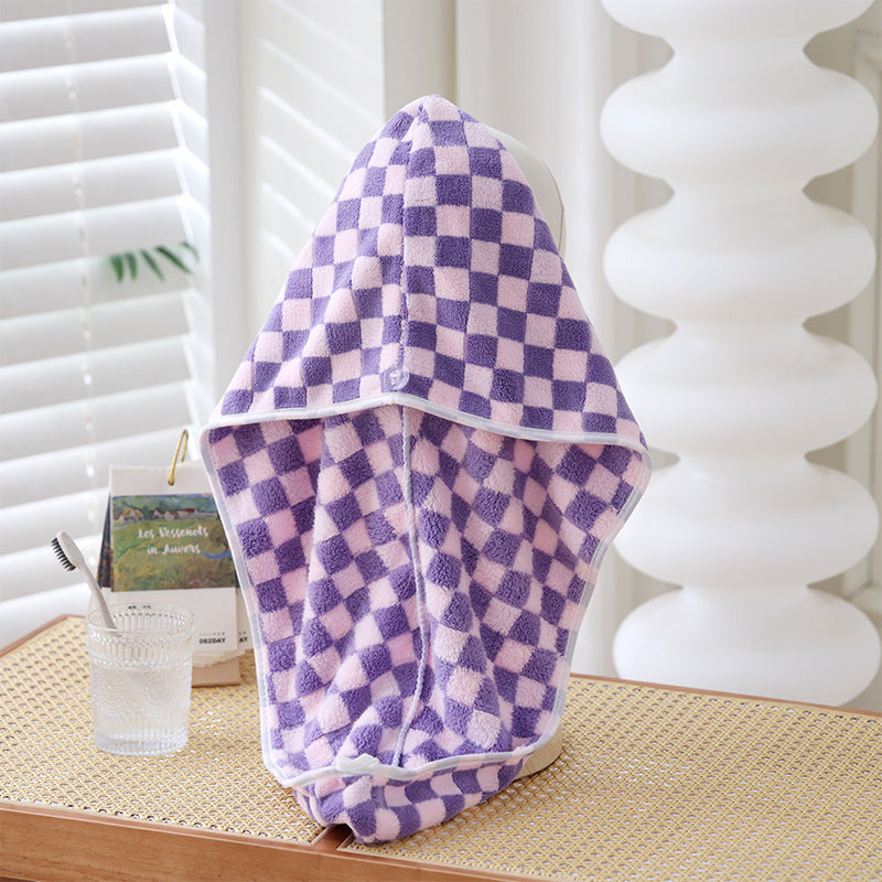 Microfiber Checkerboard Plaid Hair Towel Warp Hair Shower Cap Quick Dry Hair Turban with Button