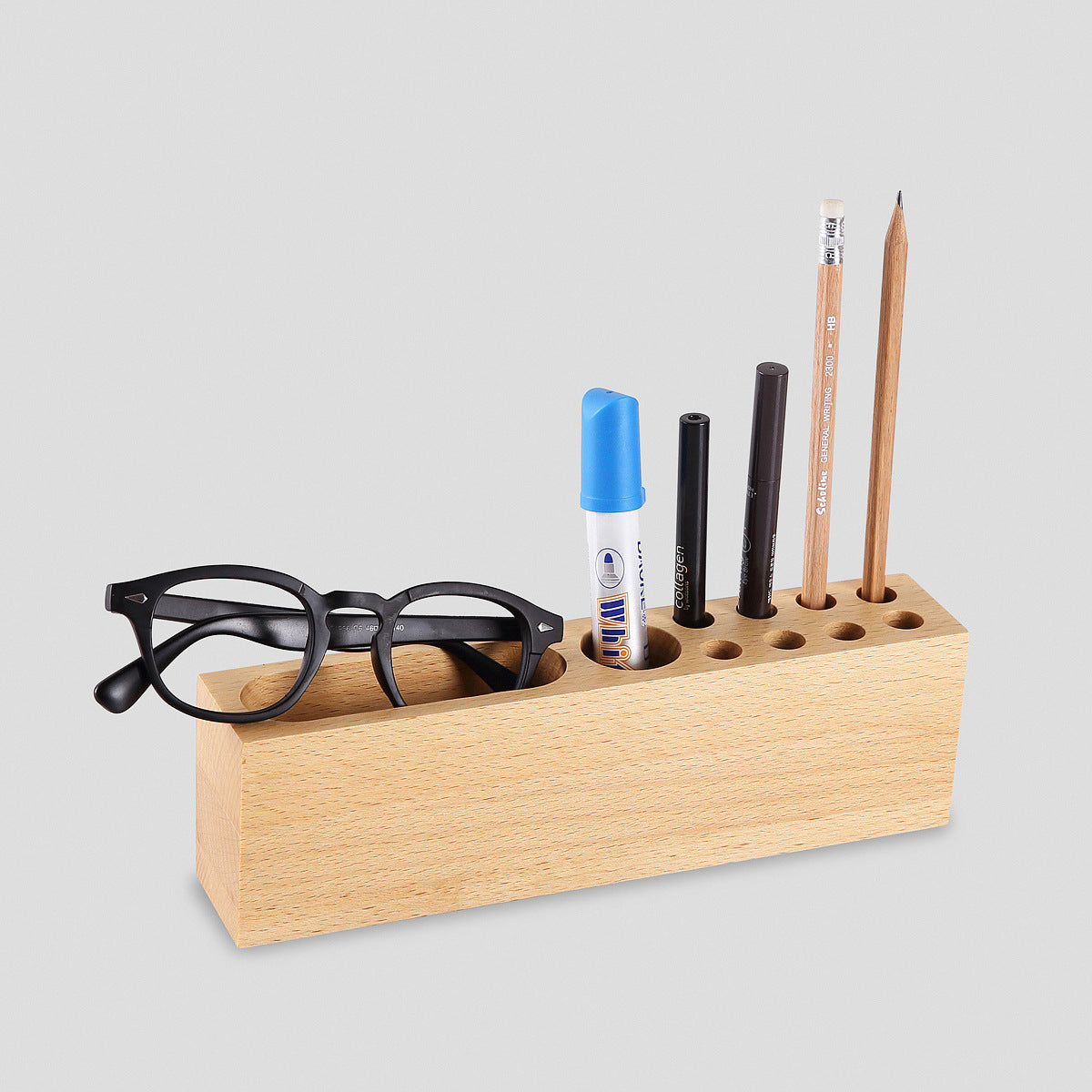 Cell Phone Stand W/Pen Storage Hole Natural Beech Wood Desktop Multi-functional Desk Organizer