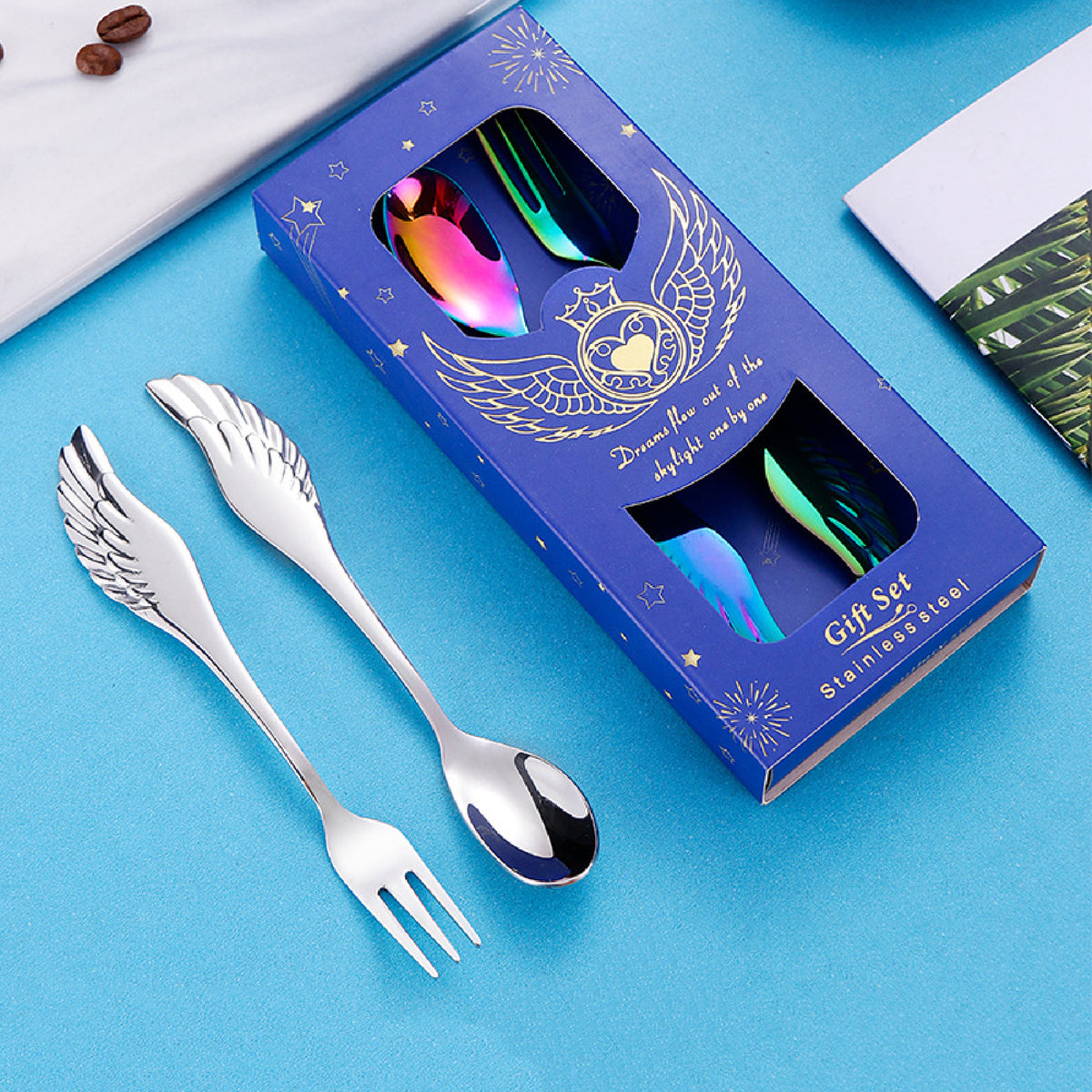 Set of 2 Rose Gold Angel Wing Spoon Fork Flatware Set Tableware Blue Gift Box