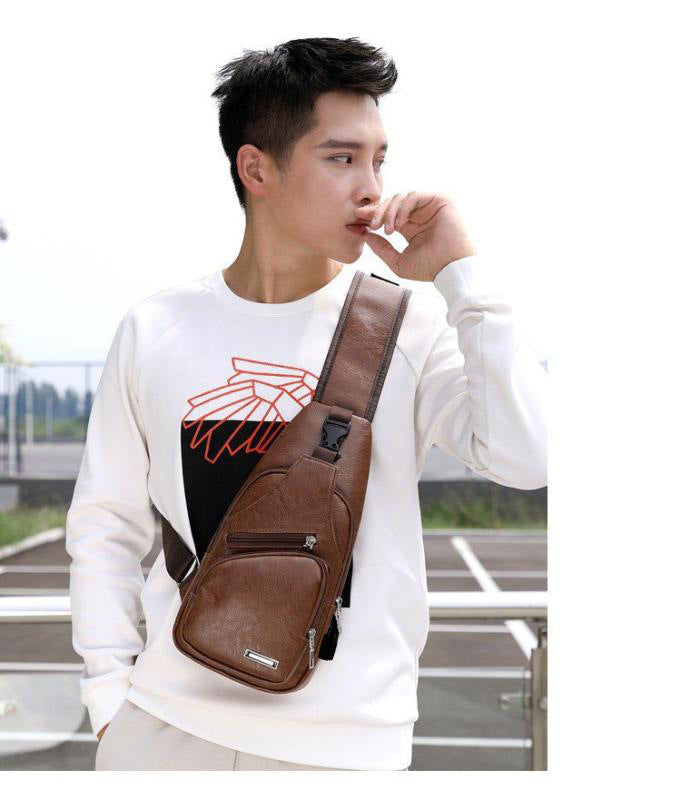 Men's PU Leather Sling Bag Chest Shoulder Backpack Crossbody Bag W/USB Charging Port