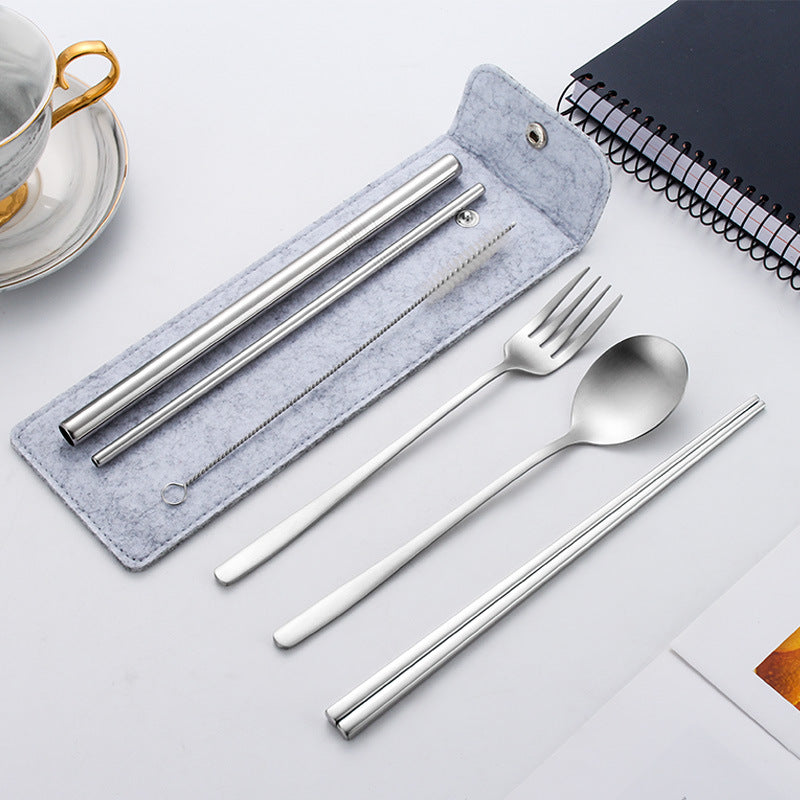 6-Piece 304 Stainless Steel Flatware Spoon Chopsticks Fork Straw Tableware Set W/Felt Bag