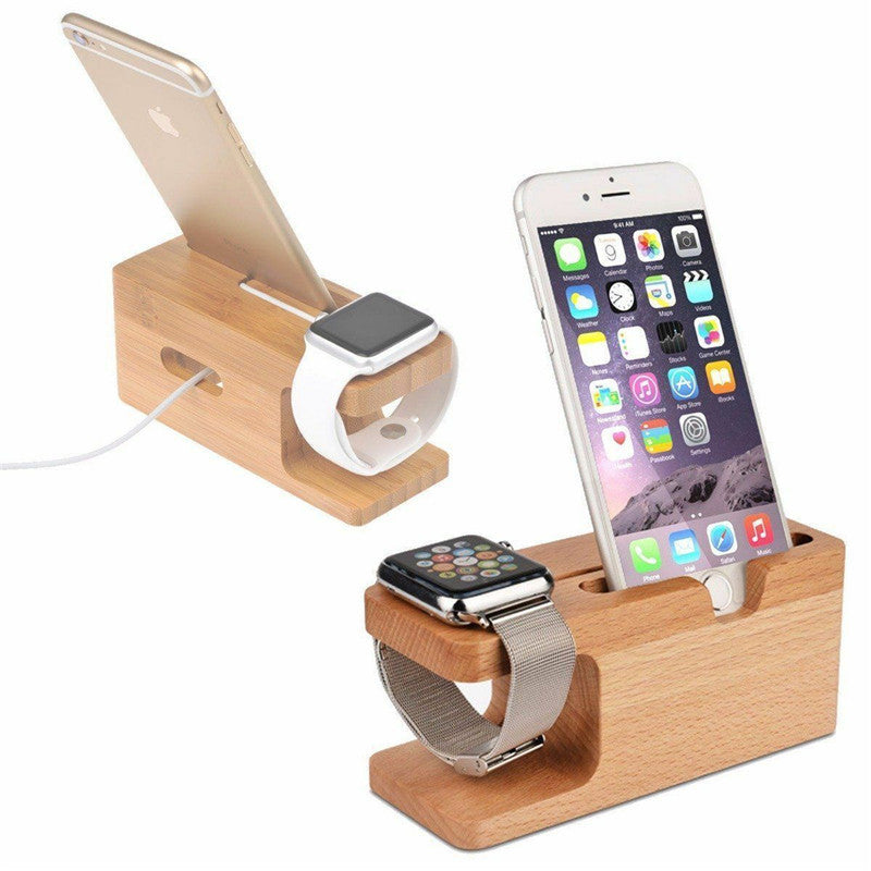 Cell Phone Stand W/Watch Charging Slot Natural Bamboo Wooden Desktop Mobile Phone Holder
