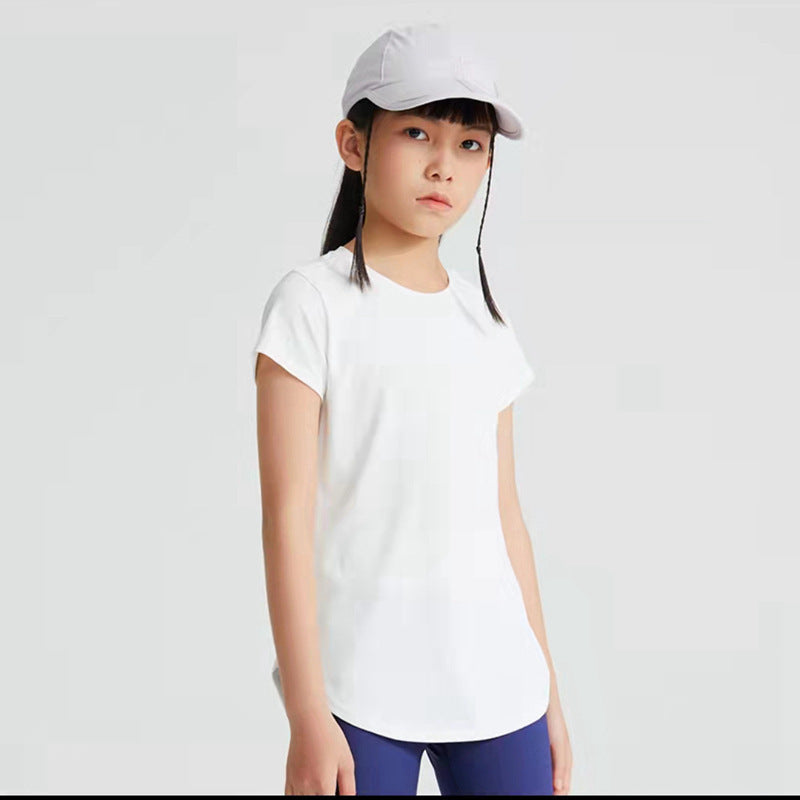 Teens Yoga Ice Touch Lotus Leaf Hem Short Sleeve Quick Dry Running Sports Fitness T-shirt