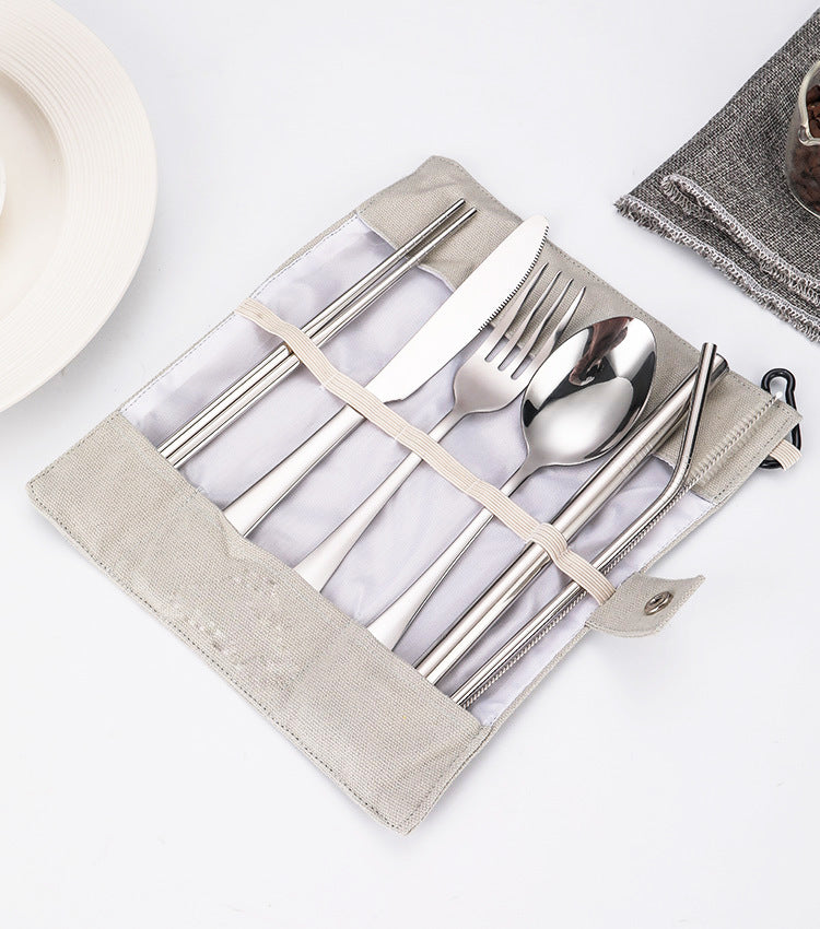 7-Piece 304 Stainless Steel Flatware Chopstick Spoon Straw Fork Knife Tableware Set W/Bag(Model A)