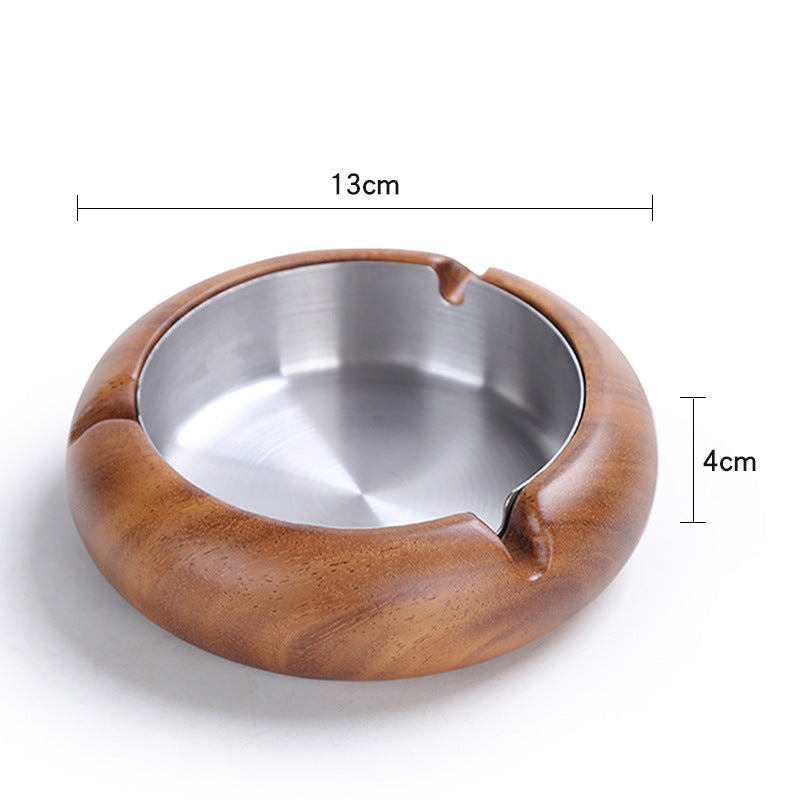Wooden & Stainless Steel Round Ashtray - Medium Size