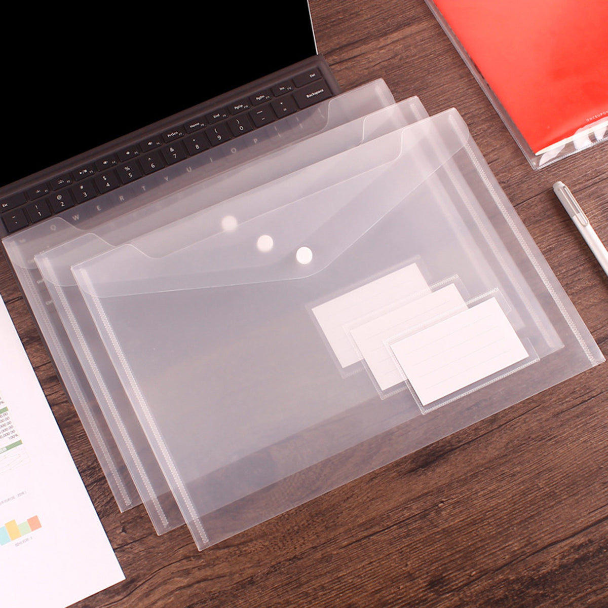 Clear Document Folder Plastic Envelope File Envelope with Label Pocket and Snap Button (Transparent)