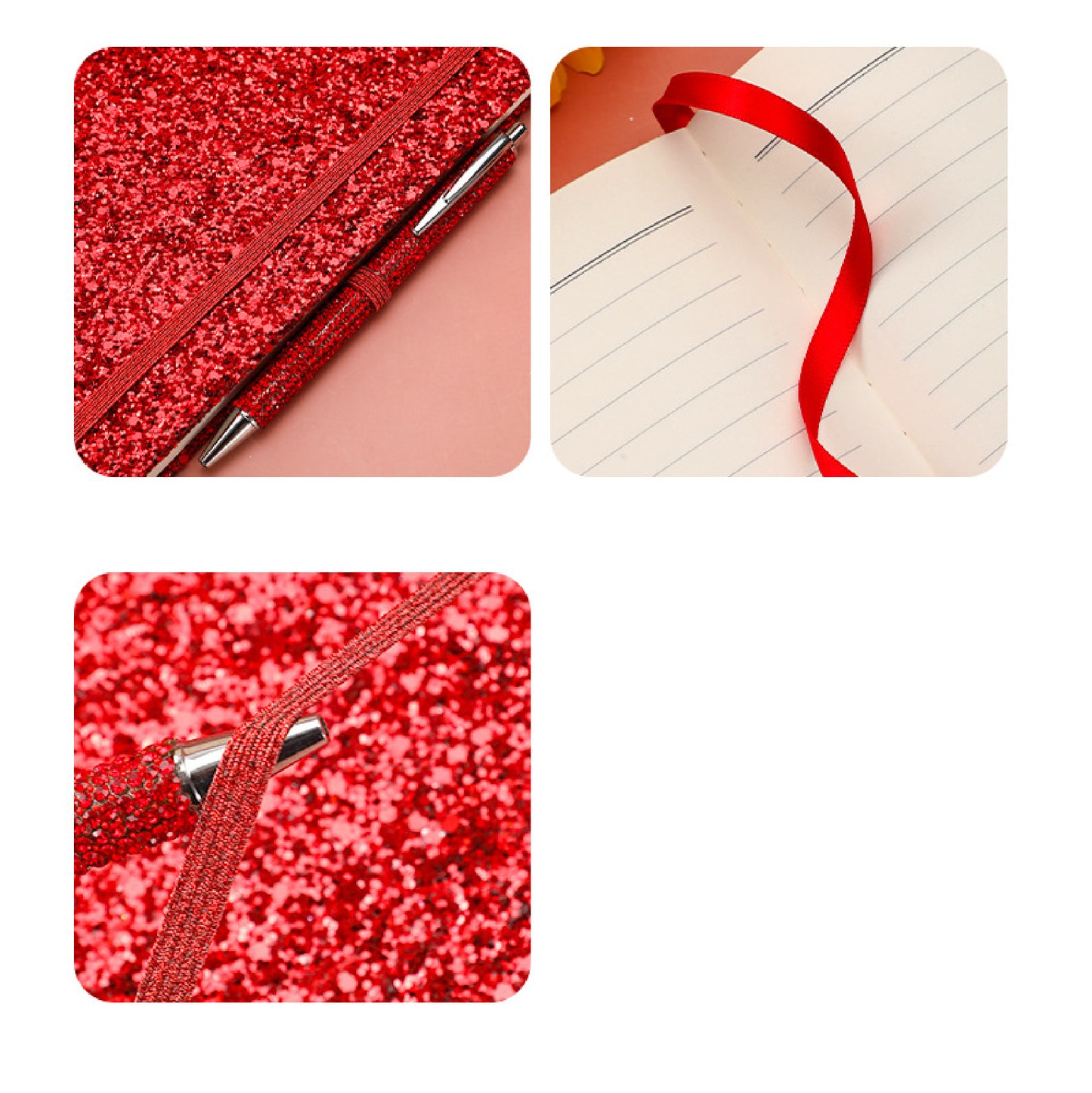 Glitter Notebook A6 Ruled Lines Journal w/Band Pen Loop Hardcover Pocket Notebook