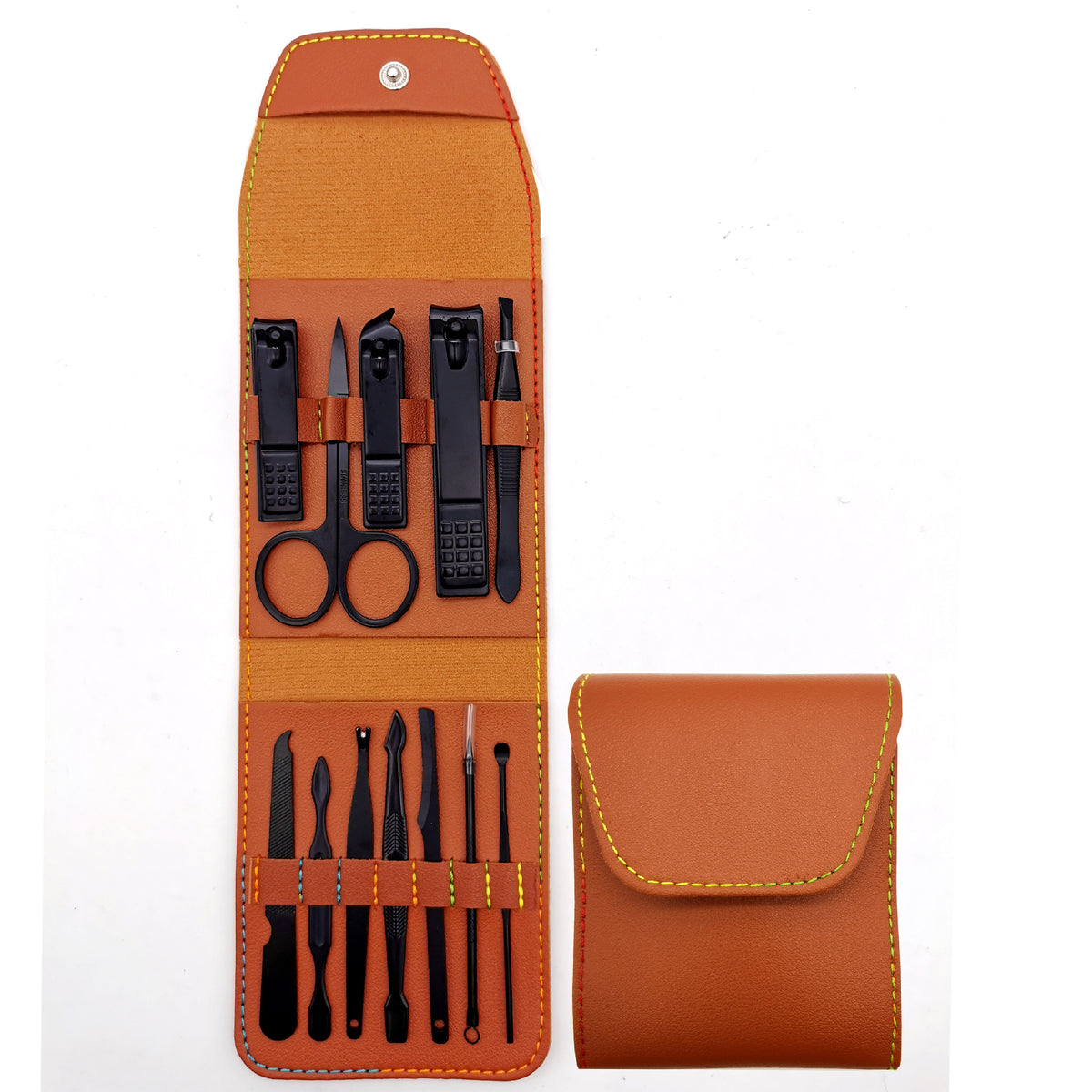 Black Carbon Steel 12 Pieces Manicure Set W/ PU Case