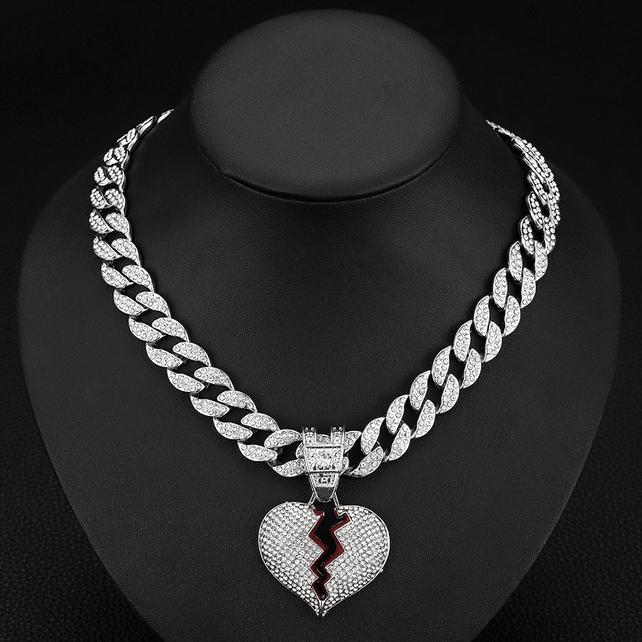 Silver Cuban Chain Silver Broken Heart Pendant Necklace Diamond Studded Necklace