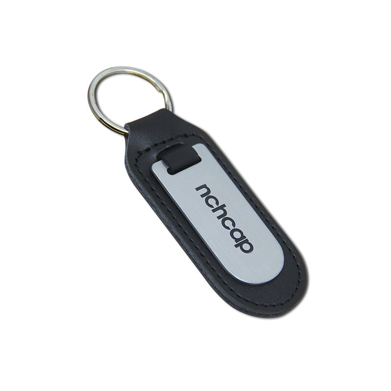 Custom Rectangular Pu Leather Metal Key Tag W/Keychain Ring