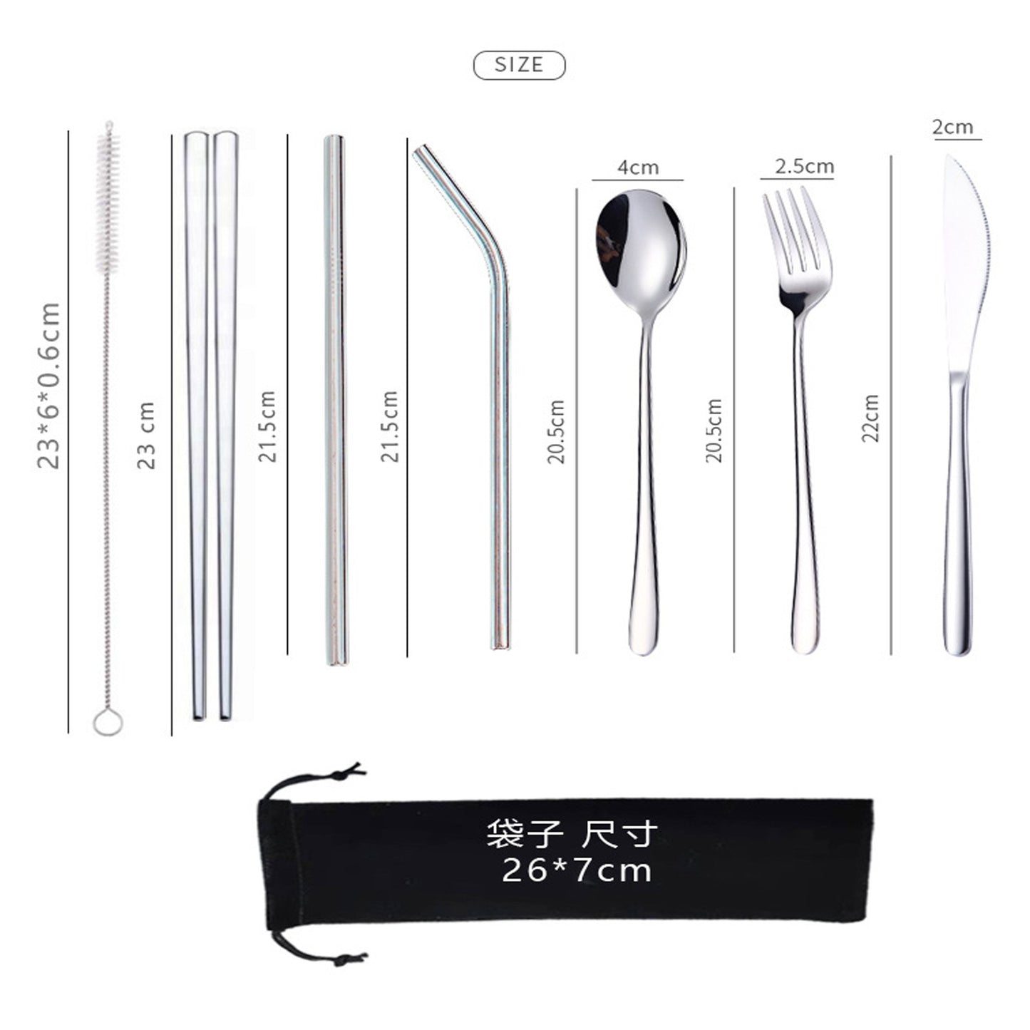 7-Piece 304 Stainless Steel Flatware Chopstick Spoon Straw Fork Knife Tableware Set W/Bag(Silver)