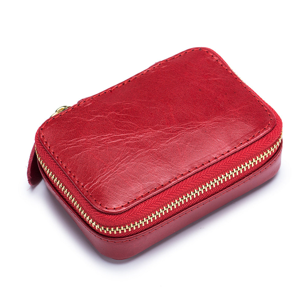 Full-grain Genuine Leather Zipper Makeup Bag Handle Bag Lipstick Storage Pouch W/Makeup Mirror