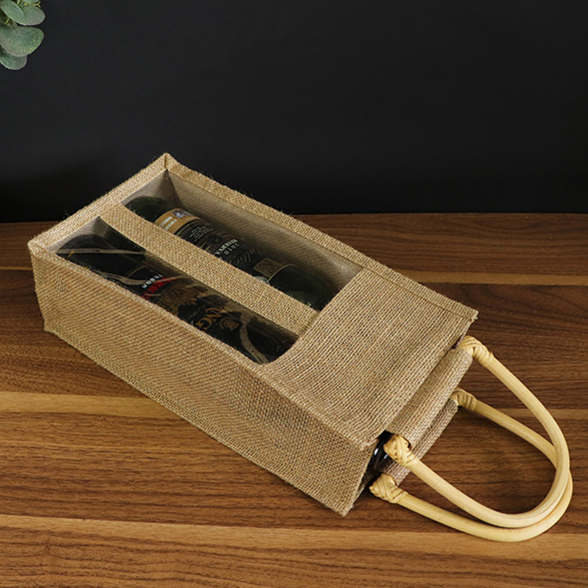 Eco-Friendly Burlap 2 Wine Bottle Bag w/ Window & Cane Handle