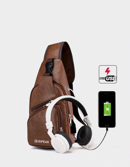Men's PU Leather Sling Bag Chest Shoulder Backpack Crossbody Bag W/USB Charging Port