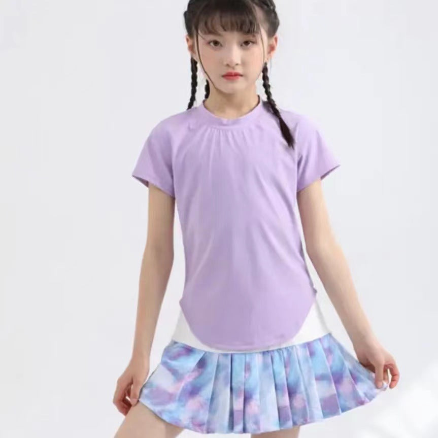 Teens Yoga Ice Touch Lotus Leaf Hem Short Sleeve Quick Dry Running Sports Fitness T-shirt