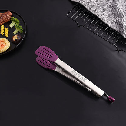 12" 304 Stainless Steel Food Tongs w/Silicone Locking Clip Barbeque Kitchen Tongs (Strip-shaped)