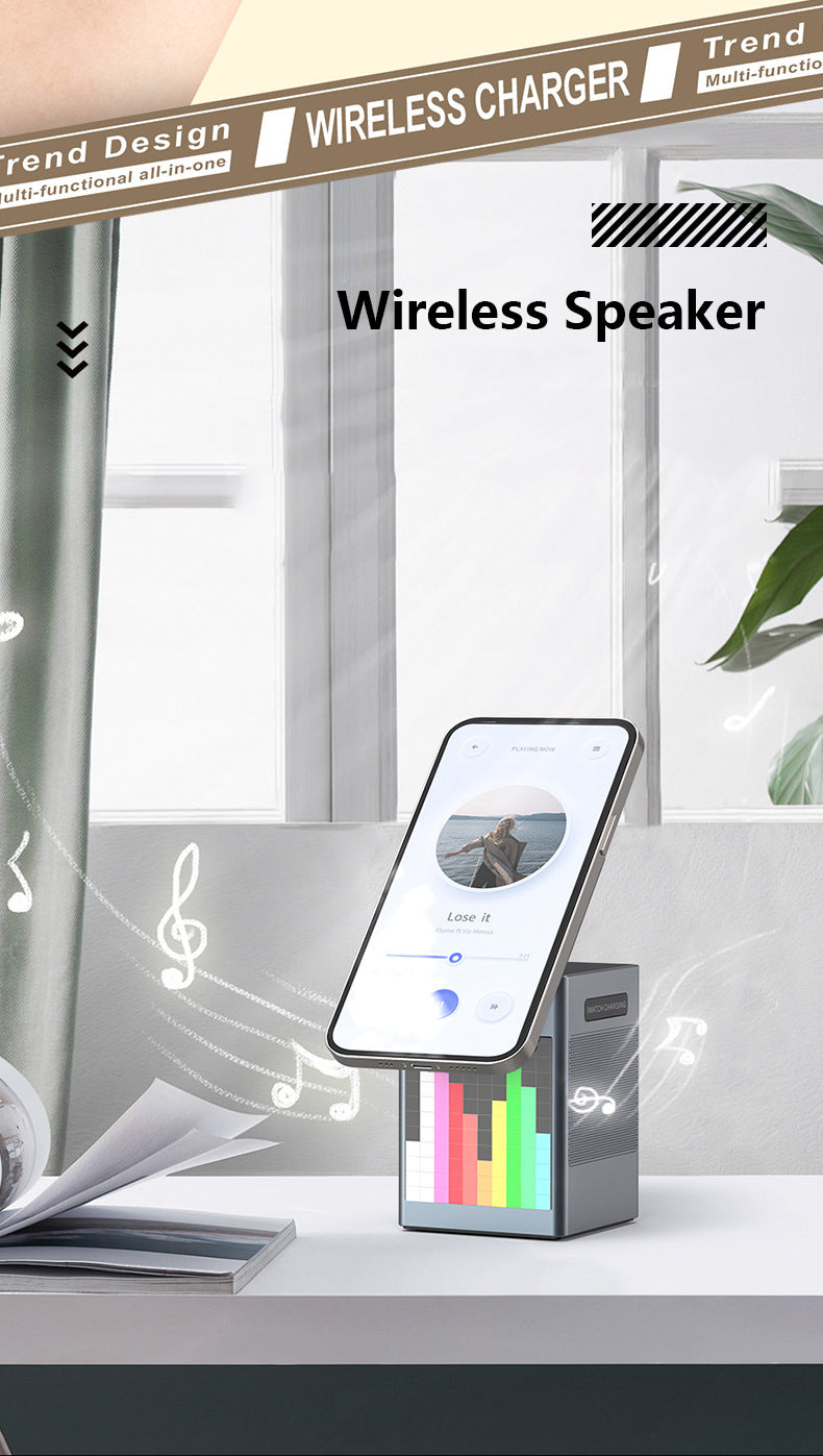 Magnetic 3" 1 Wireless Charging Station For Multiple Devices, Wireless Speaker, Clock Alarm