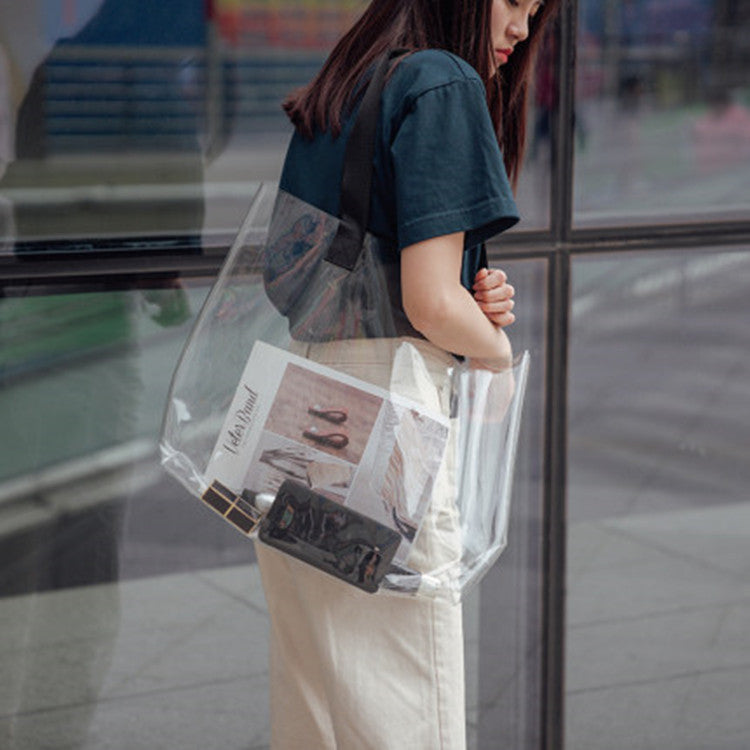 15.8x12" PVC Transparent Waterproof Tote Bag Clear Shoulder Bag For Shopping Outdoors