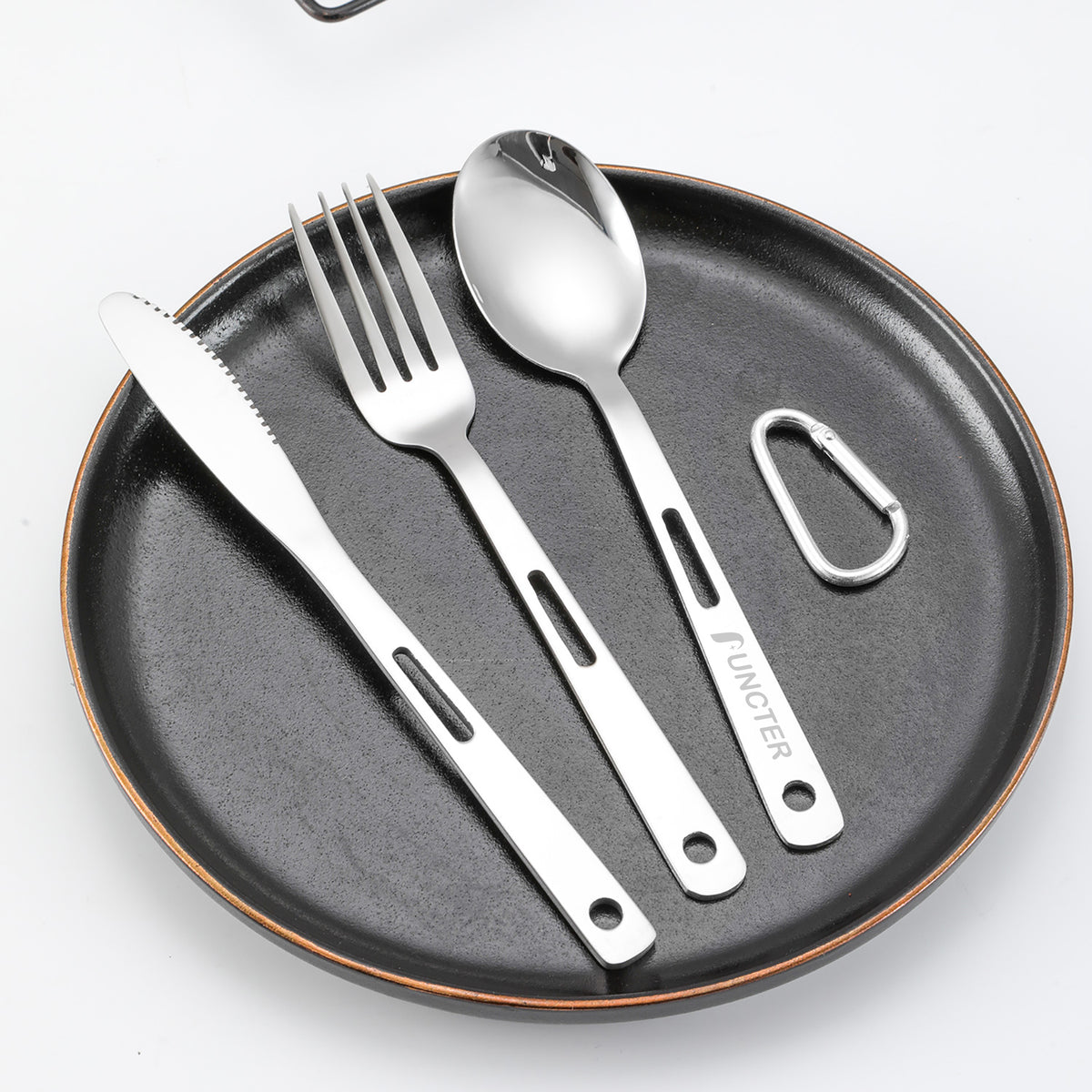 410 Stainless Steel 3 Pieces Reusable Travel Utensils Set with Carabiner Pouch Tableware Set