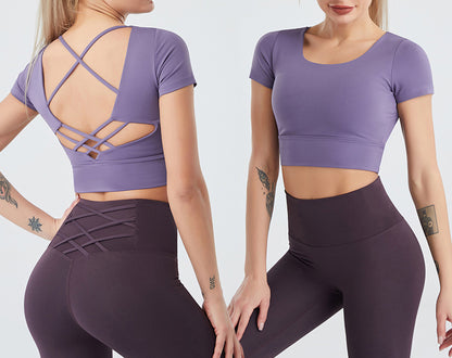 Women's Yoga Sports Bra Strappy Bralette Bra Short Sleeve Yoga Athletic Shirt(Model B)