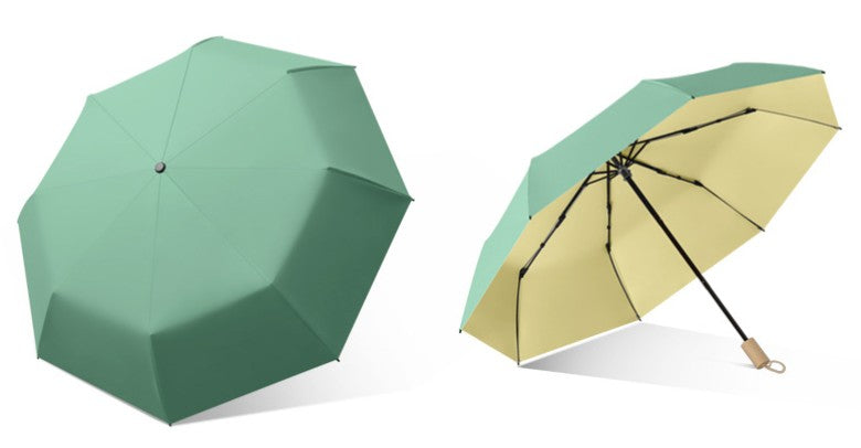 Windproof Solid Wood Handle Solid Color Three Fold Umbrella