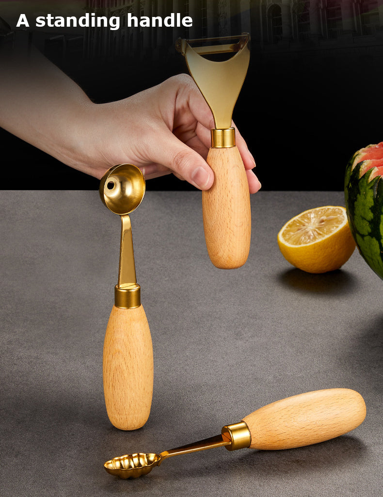 Round Gold 304 Stainless Steel Fruit Scoop Watermelon Scoop Ice Cream Scoop With Wood Handle