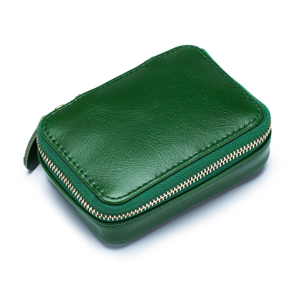 Full-grain Genuine Leather Zipper Makeup Bag Handle Bag Lipstick Storage Pouch W/Makeup Mirror
