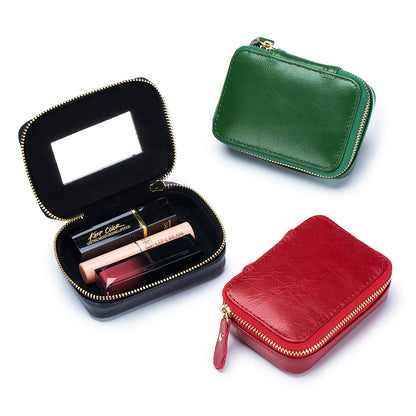 Full-grain Genuine Leather Zipper Makeup Bag Handle Bag Lipstick Storage Pouch W/Makeup Mirror