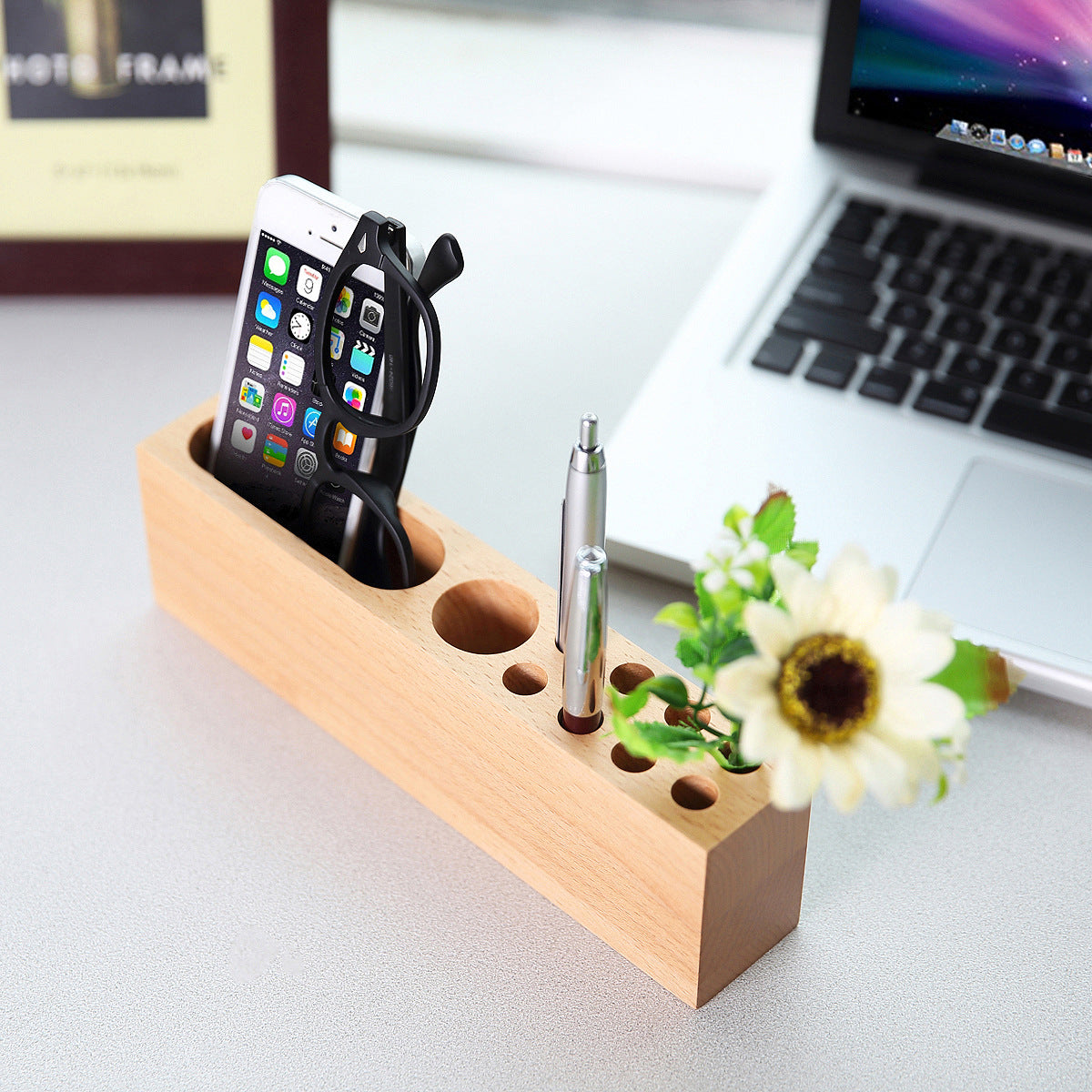 Cell Phone Stand W/Pen Storage Hole Natural Beech Wood Desktop Multi-functional Desk Organizer