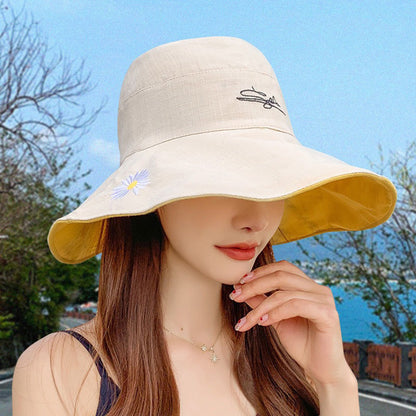 Sun hat Womens,Women Hats with Brim Ponytail Hole UV Protection Embroidered Little Daisy