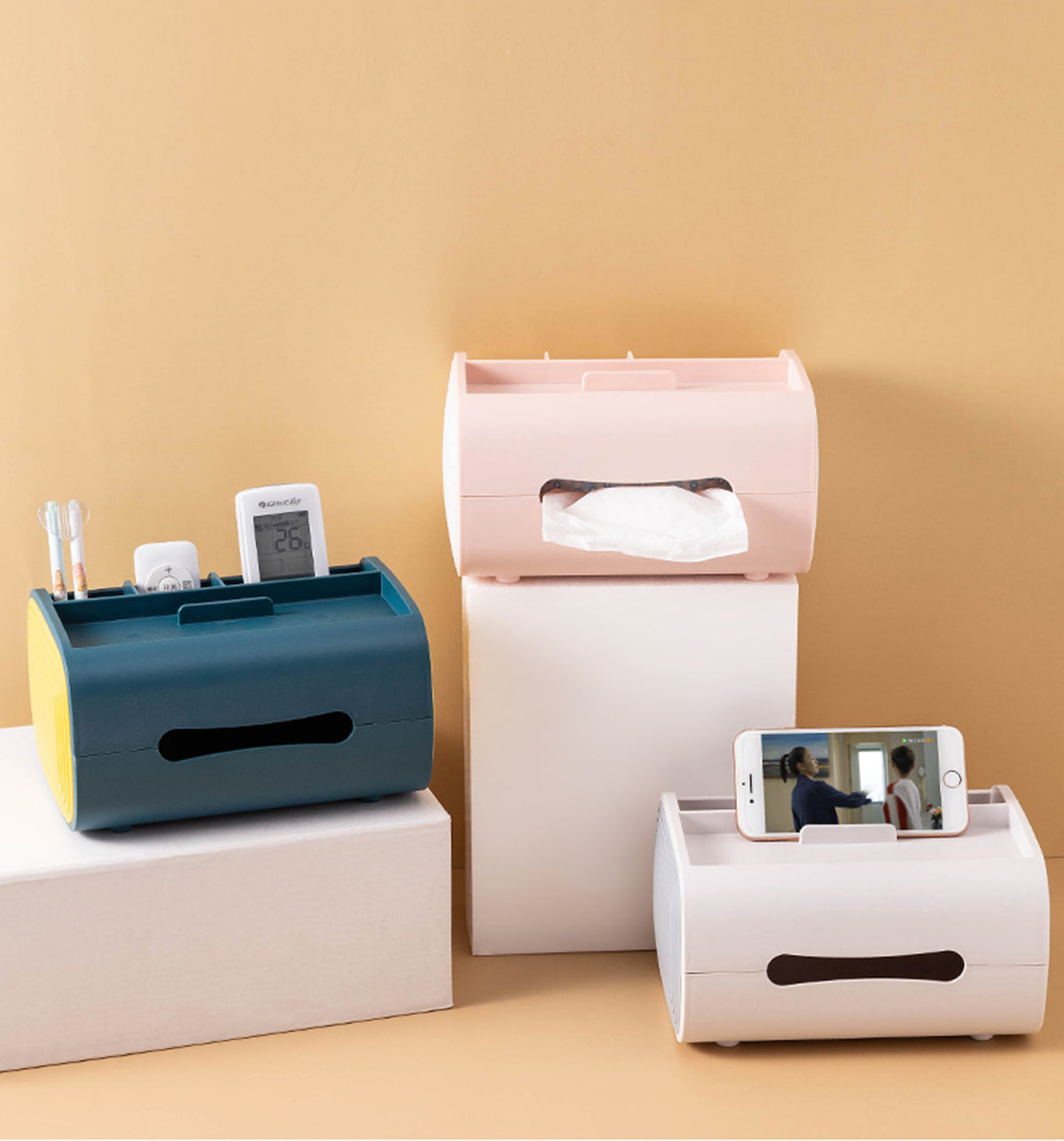 Tissue Box Holder, Multi-Functional Tissue Box Cover with Remote Control Holder
