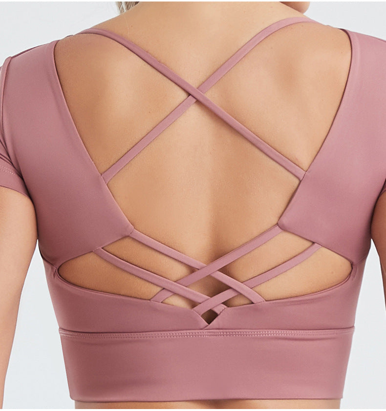 Women's Yoga Sports Bra Strappy Bralette Bra Short Sleeve Yoga Athletic Shirt(Model B)