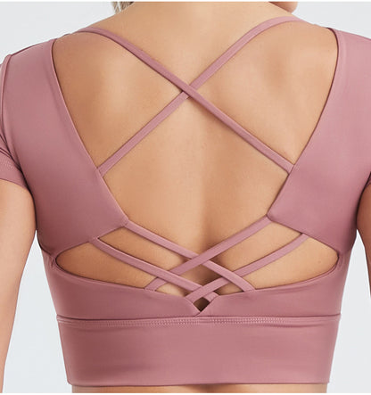 Women's Yoga Sports Bra Strappy Bralette Bra Short Sleeve Yoga Athletic Shirt(Model B)