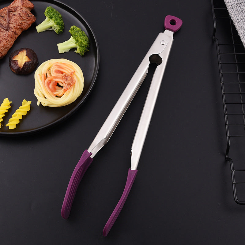 12" 304 Stainless Steel Food Tongs w/Silicone Locking Clip Barbeque Kitchen Tongs (Strip-shaped)
