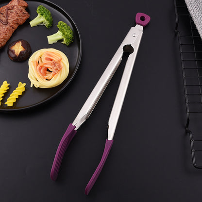 12" 304 Stainless Steel Food Tongs w/Silicone Locking Clip Barbeque Kitchen Tongs (Strip-shaped)