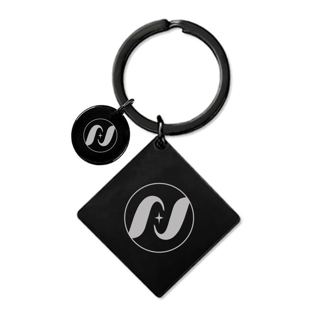 30 x 30 x 2 mm Black Square Tag Keychain W/ Small Round Tag 15 mm Dia.