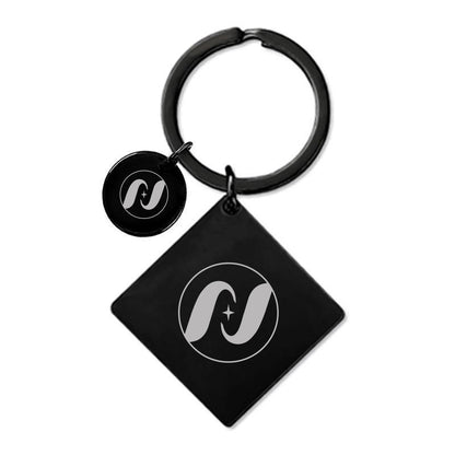 30 x 30 x 2 mm Black Square Tag Keychain W/ Small Round Tag 15 mm Dia.