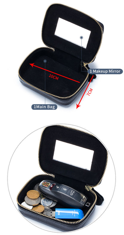 Full-grain Genuine Leather Zipper Makeup Bag Handle Bag Lipstick Storage Pouch W/Makeup Mirror