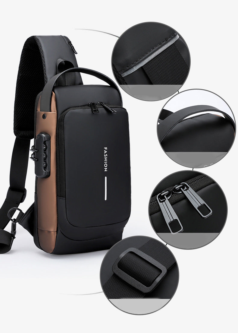 Men's Sling Bag Chest Shoulder Backpack Crossbody Bag W/USB Charging Port and Coded Lock